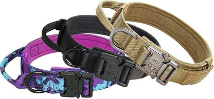 Hotsky Tactical Dog Collar, Adjustable Military Training Nylon Airtag Collar with Handle and Heavy Duty Metal Buckle for Medium Large Dogs, with Airtag Holder and Two Patches（Brown,L）