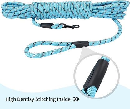 Long Dog Leash for Training 50Ft-Reflective Nylon Rope with Swivel Hook-Recall Agility Lead for Large Small Medium Dogs Outside Walking Hiking-Sky Blue Diam 1/2"