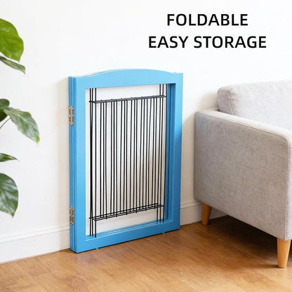 ZJSF Freestanding Dog Fence Indoor, Foldable Dog Gate for Doorways, Stairs or Hallways, Sturdy Wood Extra Wide Pet Gate with Support Feet for The House, Blue, 32 "Height-3 Panels