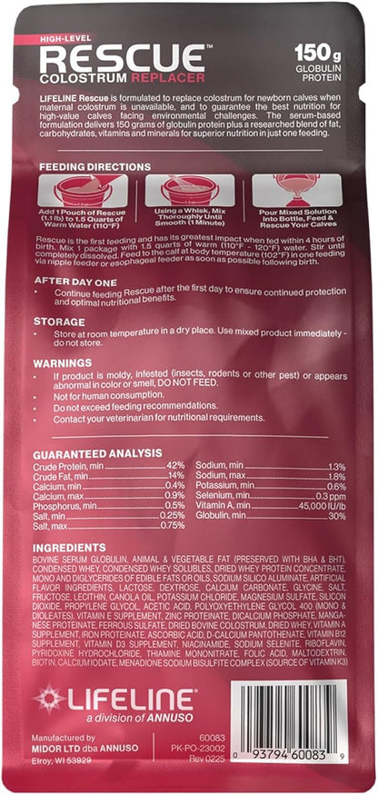 ANNUSO LIFELINE Rescue High-Level Colostrum Replacer for Calves, 1.1lb Bag - 150g Globulin Protein - Replaces Maternal Colostrum in One Feeding - Immune Support, Vitamins, Minerals - Easy-Mix Formula