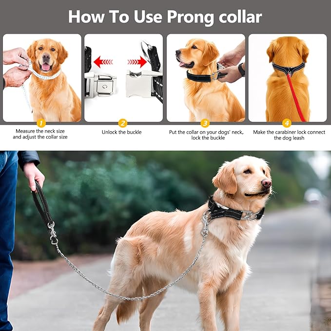 Prong Collar for Large Dogs with Reflective Nylon Cover, Dog Pinch Collar,Dog Training Collar,High Strength Quick Release Metal Buckle,Comfort Rubber Tips (Black，4.0mm, 23.6-Inch)