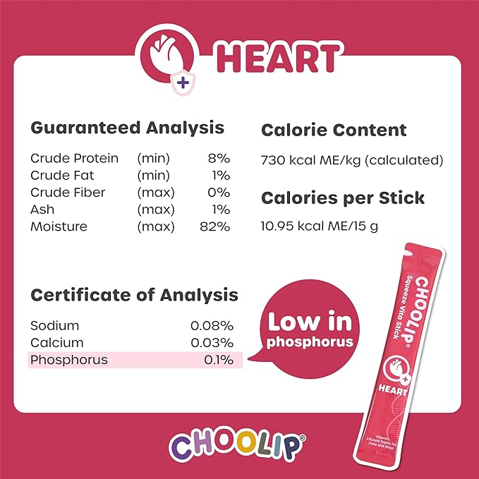 Choolip Squeeze Vita Stick Lickable Cat and Dog Treats, 7-Count Heart Support, Salmon and Tuna with CoQ10, Taurine and L-Carnitine, Grain-Free, Vet-Formulated