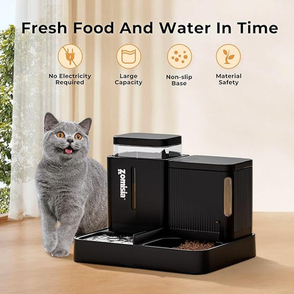ZOMISIA Automatic Cat Feeder and Water Dispenser Set, 2 in 1 Gravity Cat Food Dispenser with 180 Degree Rotatable, Pet Self Feeding Large Capacity for Small Dogs Puppy Kitten, Black, 0.8 Gallon x 2