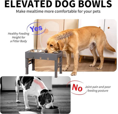 Elevated Dog Bowls with 2 Stainless Steel Bowls, 5-Height Adjustable Stand (3.1", 9" to 12"), for Improved Digestion & Neck Support, Easy Clean, Non-Slip Base Raised Feeder for Medium Large Dogs