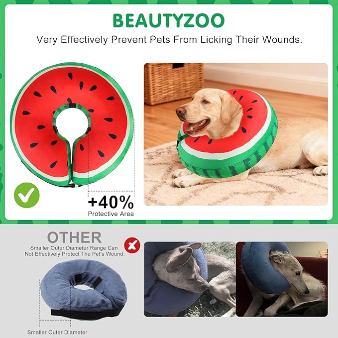 BEAUTYZOO Inflatable Dog Cone Collar to Stop Licking for Large Medium Small Dogs,Soft Dog Cone Alternative After Surgery,Comfortable Pet Recovery Collar&Cone Elizabethan Dog Neck Donut,Watermelon XL
