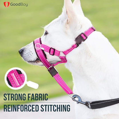 GoodBoy Dog Head Halter with Safety Strap - Stops Heavy Pulling On The Leash - Padded Headcollar for Small Medium and Large Dog Sizes - Head Collar Training Guide Included (Size 4, Pink Nylon)