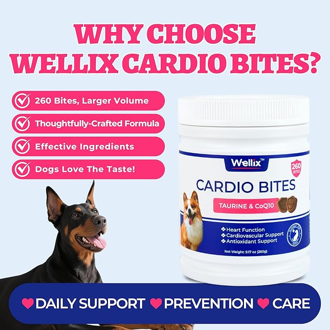 Wellix 260 Bites Cardio Taurine for Dogs - Heart Supplements for Dog Chews with CoQ10,Fish Oil,L-Carnitine - Senior Heart Health and Cardiovascular & Antioxidant Support