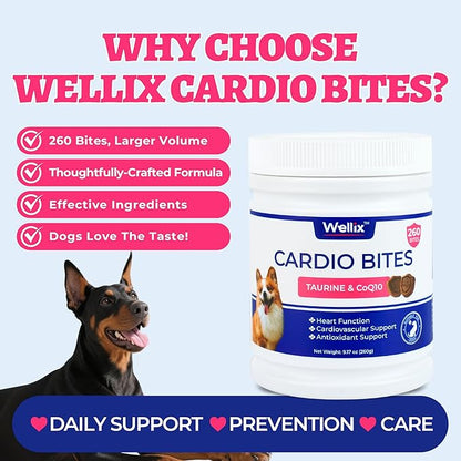 Wellix 260 Bites Cardio Taurine for Dogs - Heart Supplements for Dog Chews with CoQ10,Fish Oil,L-Carnitine - Senior Heart Health and Cardiovascular & Antioxidant Support