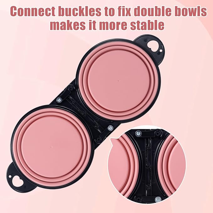 SLSON Collapsible Dog Dual Bowls Reinforced Rim 180 Degrees Flip Over Foldable Double Bowl with Lock Clips More Stable Dog Travel Bowls Pet Food Water Feeder (Light Pink)