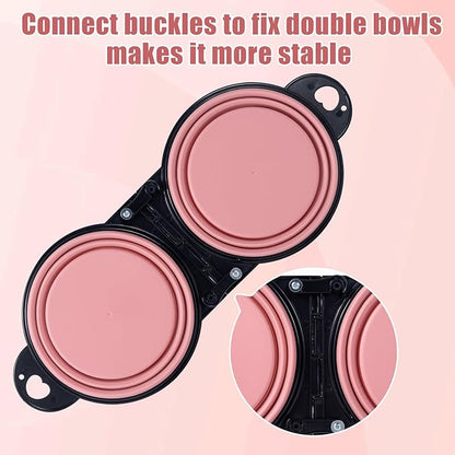 SLSON Collapsible Dog Dual Bowls Reinforced Rim 180 Degrees Flip Over Foldable Double Bowl with Lock Clips More Stable Dog Travel Bowls Pet Food Water Feeder (Light Pink)