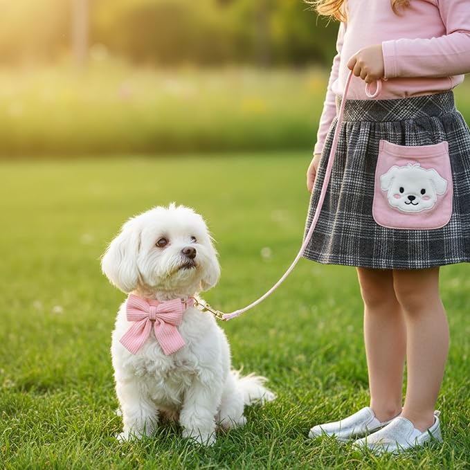 Dog Collar and Leash Set with Bowtie, Pink Cute Girl Dog Collars Bow Metal Buckle Adjustable Corduroy Dogs Collar 10‘’-16‘’for Small Medium Puppy Dogs with 5 FT Leash Pink S