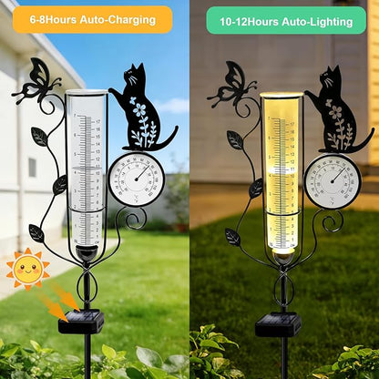 YJFWAL Cat Rain Gauge Outdoor, Decorative Metal Butterfly Solar Rain Gauge with LED Light and Thermometer, Garden Decor for Yard, Lawn, Pathway, Farm