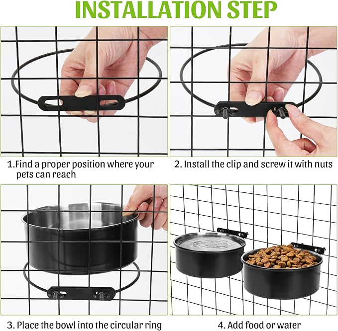 Dog Crate Bowl, Kennel Dog Bowls Mountable & Non Slip Rubber Base Food and Water Bowls, 34oz & 25oz Metal Dish for Medium and Small Pets, Cats, Dogs, Puppy, Rabbit, 2 Pack, Black