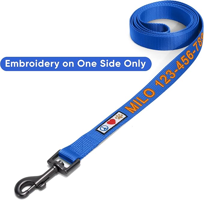 Pawtitas Personalized 6 ft Blue Dog Leash XXS/Cat Custom Name and Phone Embroidery Strong Nylon Leash for Small Breeds