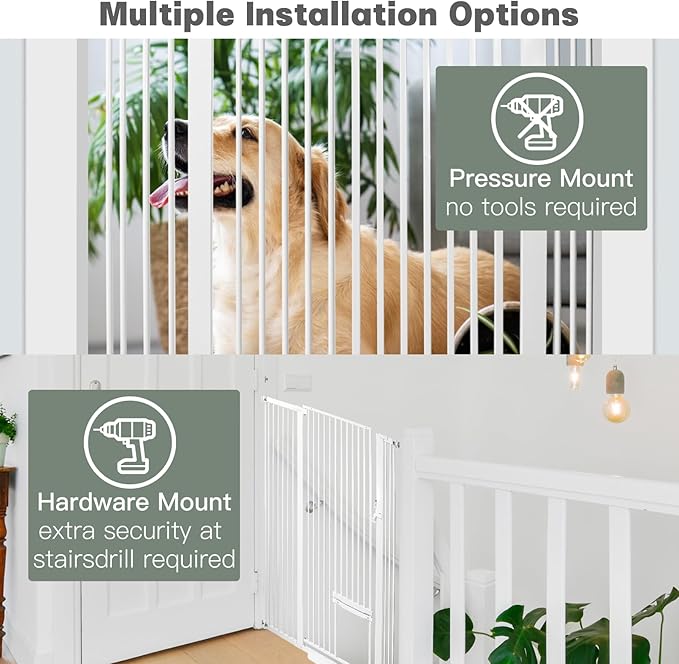 SHYUJAJIE 55 Inch Extra Tall Pet Gate with Small Cat Door,29.55"-46.06" Adjustable Wide Dog Gate, Tall Cats Gates for Doorway, Stairs, House(White)