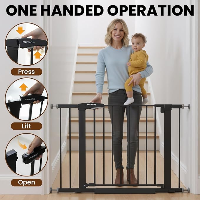 Baby Gate for Stairs, 29.7-40.6" Pressure Mounted Dog Gate, Auto Close Safety Gate for Children & Pets, Easy Install Pet Gate with Walk Thru Door for Doorways & Hallways, No Drilling, Dual-Lock Design