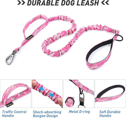 Hotsky Tactical Dog Collar and Leash Set, Heavy Duty Military Airtag Dog Collar with Handle and Metal Buckle for Training and Walking, with Airtag Holder and Two Patches (Pink Camo, L)