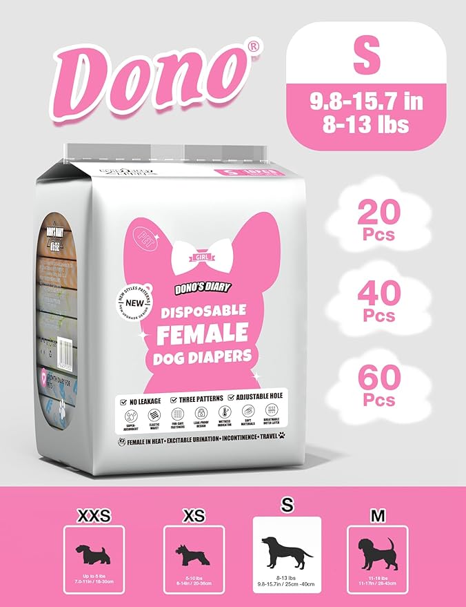 Dono Dog and Cat Diapers Female-40PCS, Disposable Female Dog Period Diapers for Heat with Wetness Indicator, Super Absorbent Doggie Puppy Female for Elderly Disabled Dogs Diaper