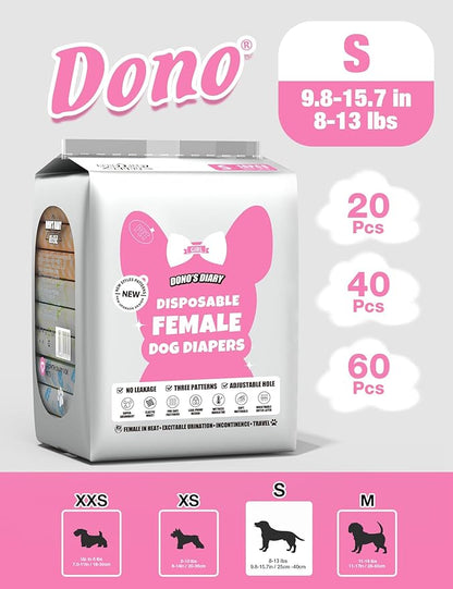 Dono Dog and Cat Diapers Female-40PCS, Disposable Female Dog Period Diapers for Heat with Wetness Indicator, Super Absorbent Doggie Puppy Female for Elderly Disabled Dogs Diaper