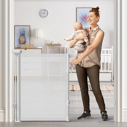 Retractable Baby Gate for Stairs, 55" Wide Mesh Dog Gate Indoor, 34" Tall Child Gate for Doorways, Hallways, Deck, Indoor Outdoor Pet Baby Safety Essentials for Home, White