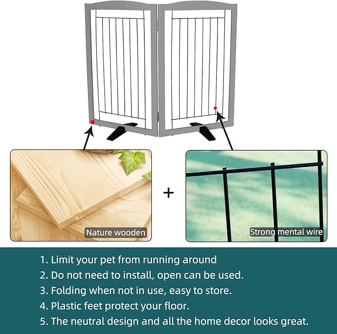 ZJSF Freestanding Dog Fence Indoor, Foldable Dog Gate for Doorways, Stairs or Hallways, Sturdy Wood Extra Wide Pet Gate with Support Feet for The House, Grey, 32 "Height-2 Panels