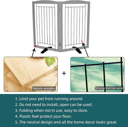 ZJSF Freestanding Dog Fence Indoor, Foldable Dog Gate for Doorways, Stairs or Hallways, Sturdy Wood Extra Wide Pet Gate with Support Feet for The House, Grey, 32 "Height-2 Panels