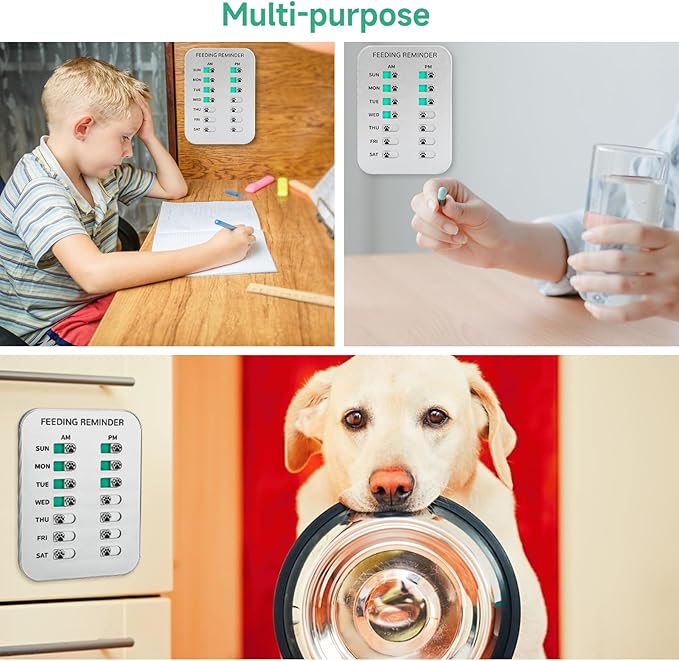 YAUYIK Dog Feeding Reminder, Magnetic OR Double Sided Adhesive Application, AM/PM Daily Chart Signs, Helps You Track Pets Feeding & Medication, Easy to Use on Fridge, Wall, Food Storage Bin (Silver)