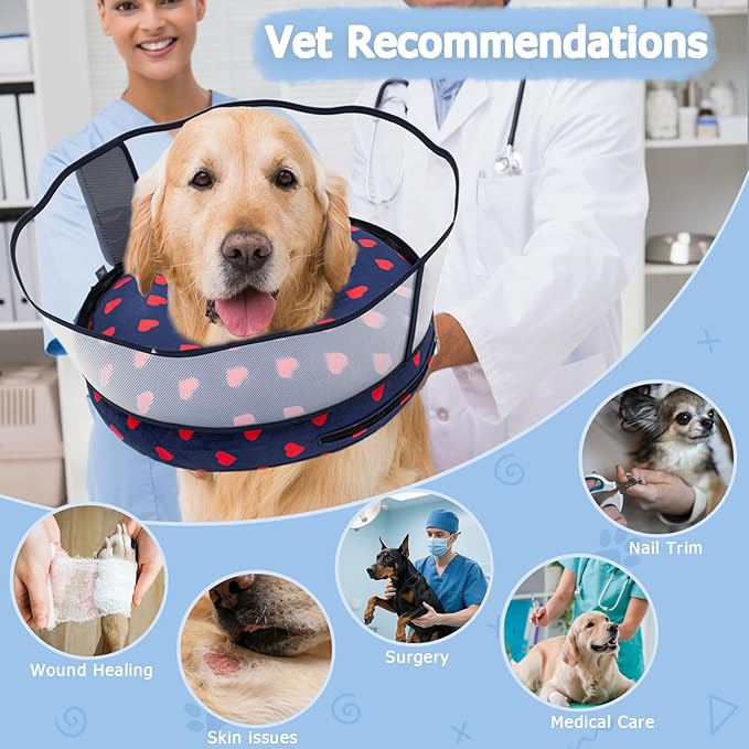 Inflatable Dog Cone Collar with Enhanced Anti-Licking Shield – Soft Adjustable Recovery Collar for Dogs & Cats After Surgery – Fits Large, Medium, Small Pets (Blue Love, Large)