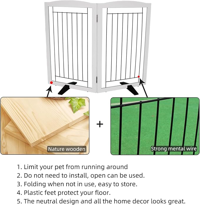 ZJSF Freestanding Dog Fence Indoor, Foldable Dog Gate for Doorways, Stairs or Hallways, Sturdy Wood Extra Wide Pet Gate with Support Feet for The House, White, 32 "Height-2 Panels