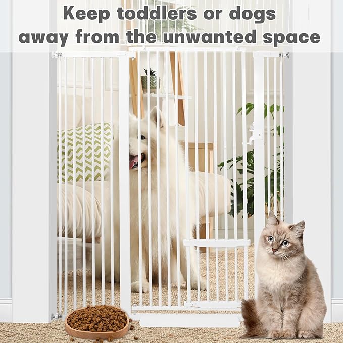 SHYUJAJIE 71 Inch Extra Tall Pet Gate with Small Cat Door, 29.55"-46.06" Adjustable Wide Dog Gate, Tall Cats Gates for Doorway, Stairs, House(White)