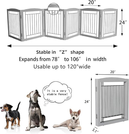 ZJSF Freestanding Foldable Dog Gate for House Extra Wide Wooden Grey Puppy Gate Stairs Dog Gates Doorways Tall Pet Gate 24" Height 6 Panels Pet Fence