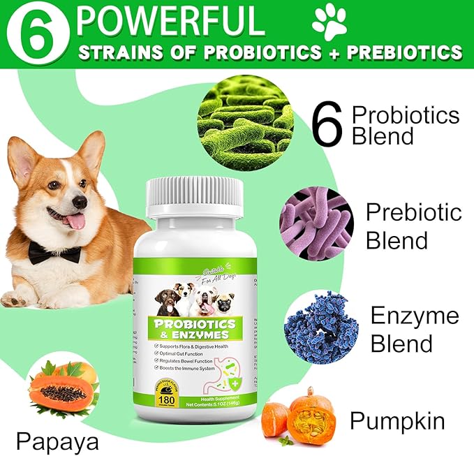 Probiotics for Dogs, 180 Chews Dog Probiotics and Digestive Enzymes, Promotes Gut Health, for Bowel Support, Immunity Health