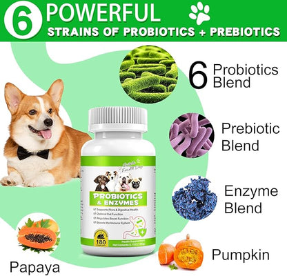 Probiotics for Dogs, 180 Chews Dog Probiotics and Digestive Enzymes, Promotes Gut Health, for Bowel Support, Immunity Health