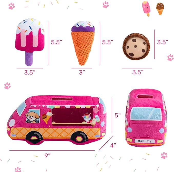 Hollypet Squeaky Dog Toy, Interactive Plush Hide and Seek Dog Toys for Small Medium Sized Dogs and Non-Aggressive Chewers, Puppy Teeth Clean Chew Toys, Ice Cream Truck