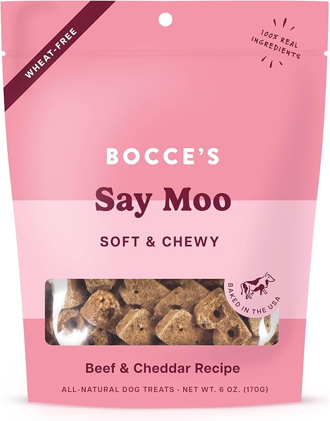 Bocce's Bakery Oven Baked Say Moo Treats for Dogs, Wheat-Free Everyday Dog Treats, Made with Real Ingredients, Baked in The USA, Natural Soft & Chewy Cookies, Beef & Cheddar Recipe, 6 oz