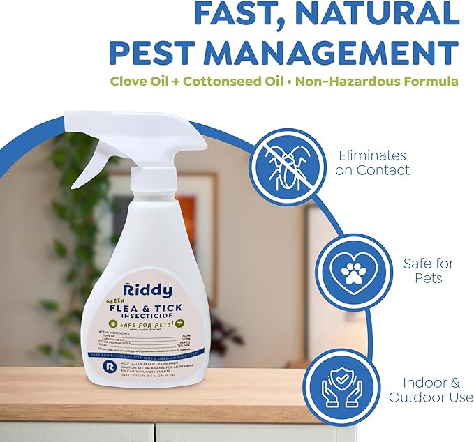 Riddy Flea & Tick Natural Spray for Pets with Essential Oils Safe Non-Hazardous Indoor and Outdoor Control, 8 oz, 2 Packs