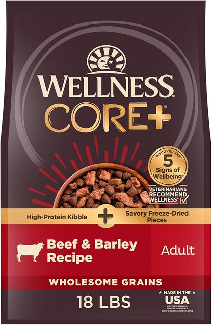 Wellness CORE+ Adult Dry Dog Food with Freeze Dried Pieces, Wholesome Grain Kibble+, Natural, High Protein, Beef and Barley Recipe, 18 lb Bag