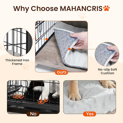 MAHANCRIS Dog Crate Furniture with Cushion, Wooden Dog Kennel with Double Doors, Heavy Duty Dog Cage for Small/Medium/Large Dogs, Indoor Dog House End Table, 39.4" L, Greige DCHG10701