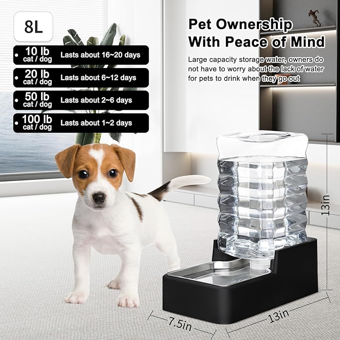 RIZZARI Stainless Steel Pet Water Feeder: 8L Gravity Leak-Proof Auto Refill Water Dispenser -Space-Saving- Anti-Tip Non-Slip Base -No Filter- Easy Clean - for 20-35 LB Dogs - Apartment/Home/Office