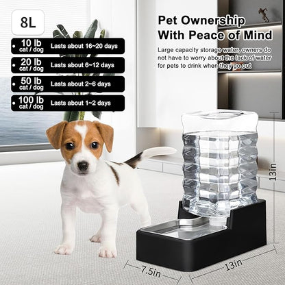 RIZZARI Stainless Steel Pet Water Feeder: 8L Gravity Leak-Proof Auto Refill Water Dispenser -Space-Saving- Anti-Tip Non-Slip Base -No Filter- Easy Clean - for 20-35 LB Dogs - Apartment/Home/Office