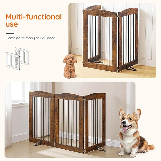 HOOBRO Indoor Dog Gate with Support Feet, Freestanding Pet Gate for Doorway, Stairs, 24 Inch 3 Panels, Folding Dog Fence, 360° Hinge for Easy Access, Sturdy Iron Pipe, Rustic Brown BF05PP03