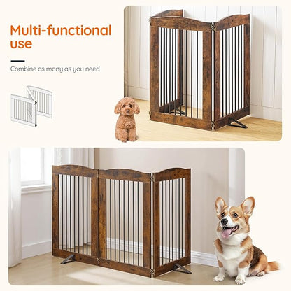 HOOBRO Indoor Dog Gate with Support Feet, Freestanding Pet Gate for Doorway, Stairs, 24 Inch 3 Panels, Folding Dog Fence, 360° Hinge for Easy Access, Sturdy Iron Pipe, Rustic Brown BF05PP03