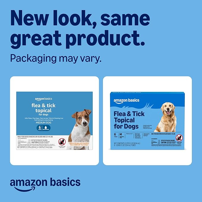 Amazon Basics Preventative Flea and Tick Topical Treatment for Dogs, Medium Dog (23-44 lbs), Fast Acting and Long Lasting, 6 Counts, Packaging May Vary