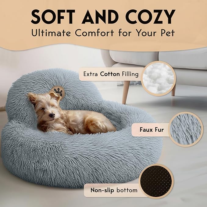 PetJett Small Dog Bed - 23'' Round Dog Beds, Calming Puppy Bed - Anti-Slip & Washable Super Soft Fluffy Plush Faux Fur Pet Bed, Anti-Anxiety Premium Comfort Donut Bed,Fits Dogs upto 25 lbs,Bright Gray