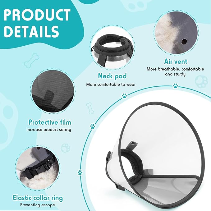 Dog Cone Collar, Transparent Recovery Cone for Large Medium Small Dogs, Soft Elizabethan Collar After Surgery to Prevent Licking Wound, Enhanced Visibility Patented