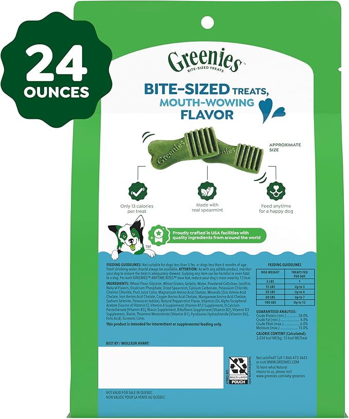 Greenies Anytime Bites Dog Treats, Mint Flavor, Dog Training Treats, 24 oz. Bag