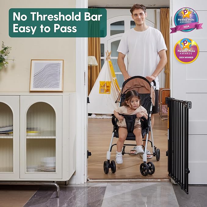 Babelio Baby Gate for Stairs & Doorways, 26-43" W 34" H Extra Tall| No Bottom Bar| Easy Installation| One-handed Operation| Auto-close| Hardware Mount (Drill Needed) Safety Dog/Pet Gate Indoor (Black)