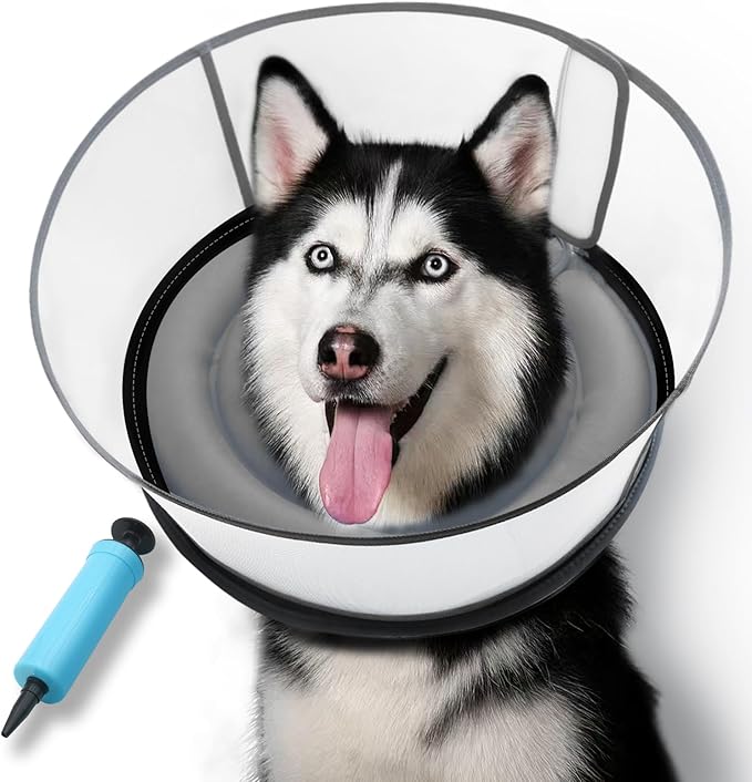 Upgraded Inflatable Dog Cone After Surgery, Adjustable Soft Dual-Ring Dog Cone Collar with Detachable Anti-Licking Shield (XL, Grey)