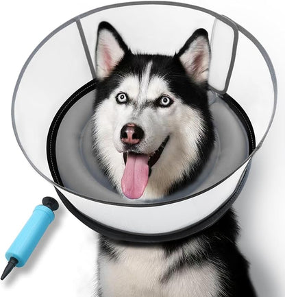 Upgraded Inflatable Dog Cone After Surgery, Adjustable Soft Dual-Ring Dog Cone Collar with Detachable Anti-Licking Shield (XL, Grey)
