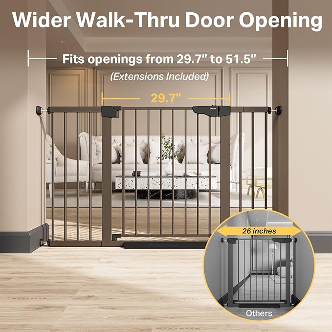 Cumbor 29.7–51.5" Extra Wide Baby Gate for Stairs, Pressure-Mounted Dog Gates for Doorways & Hallways, Auto-Close Walk-Through, No-Trip Design, Child Proof Safety, Dog/Pet Gate for Indoor Use, Brown